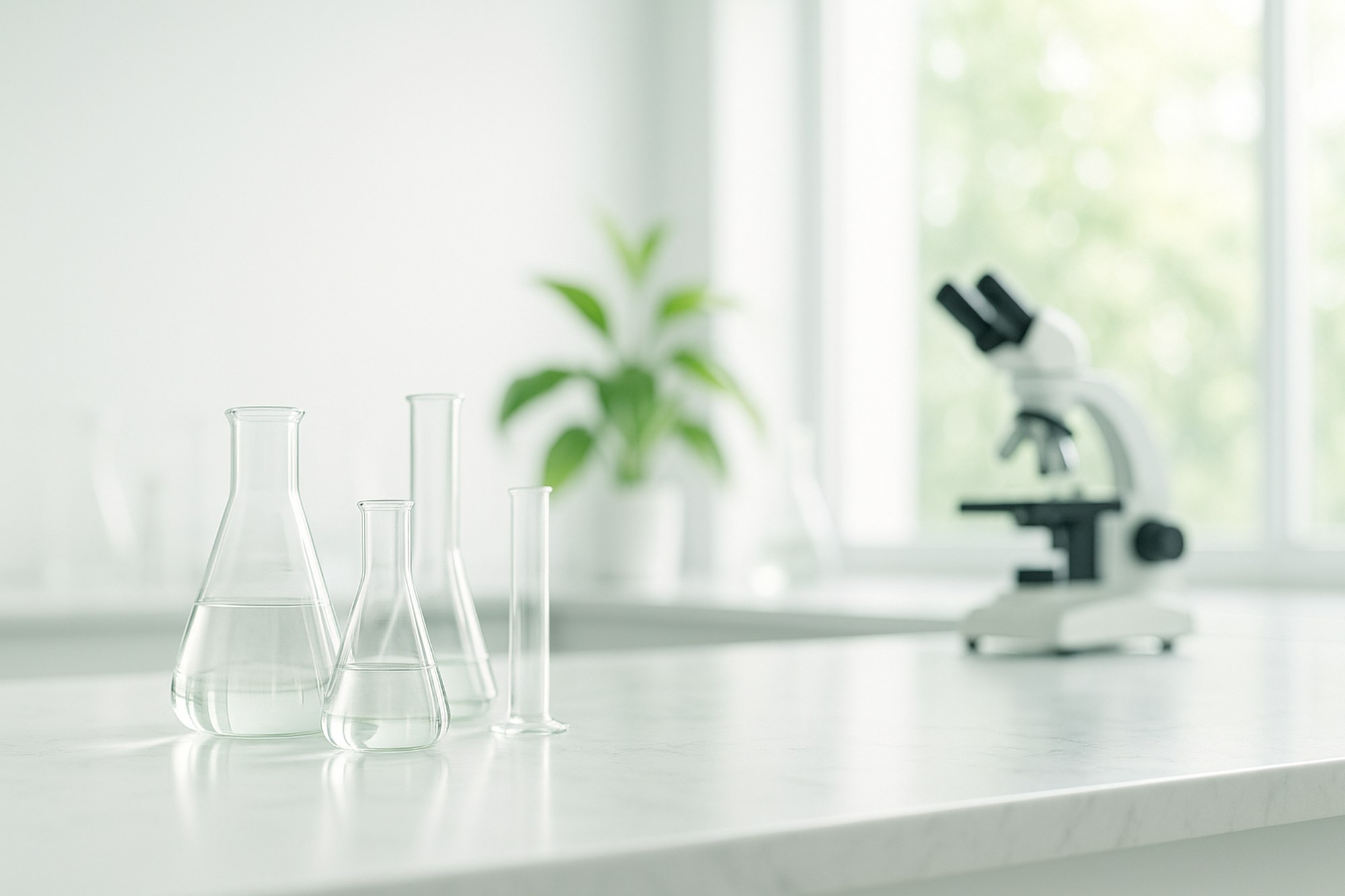 A clean research laboratory bench — glassware and a microscope under daylight