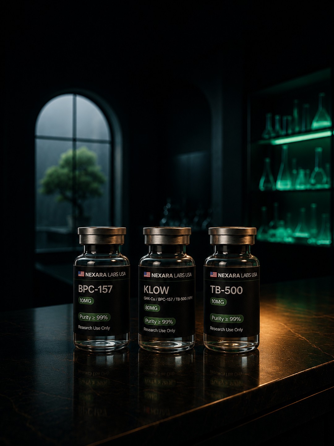Three Nexara Labs research peptide vials clustered on a lit research-bay desk